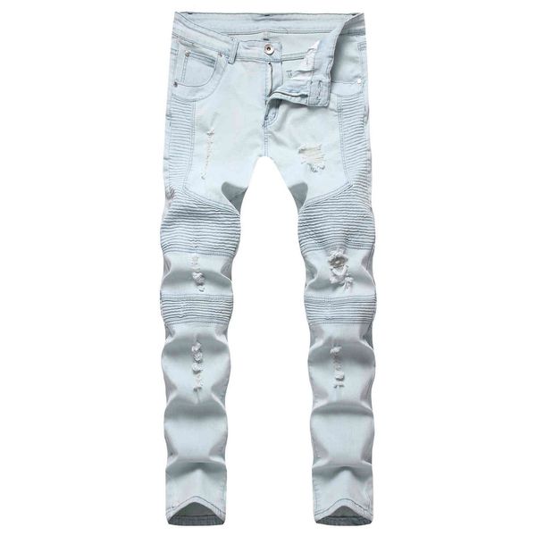 men's jeans pleated casual stretch slim fit men's jeans fashion, Blue 
men's jeans pleated casual stretch slim fit men's jeans fashion, Blue