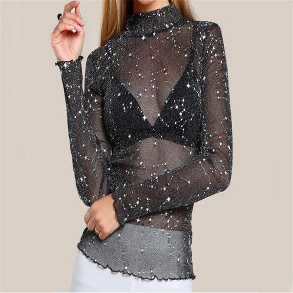 fashion long sleeve women shirts mesh transparent o neck shiny stars printed plus size blusa, White
fashion long sleeve women shirts mesh transparent o neck shiny stars printed plus size blusa, White