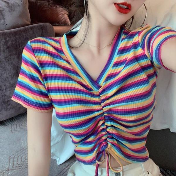 women's t-shirt summer sweet rainbow striped cropped t-shirts women short sleeve knit chic crop tshirt for girls dx0327, White
women's t-shirt summer sweet rainbow striped cropped t-shirts women short sleeve knit chic crop tshirt for girls dx0327, White