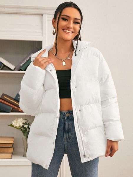 slant pockets snap button puffer coat 84lp#, Black