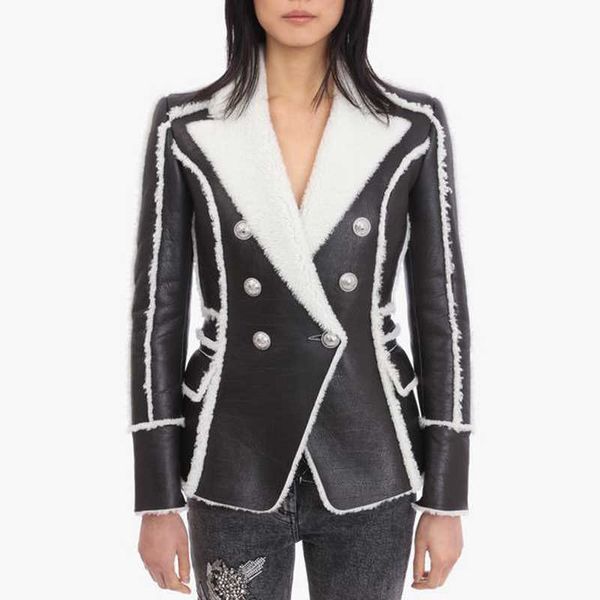 est winter designer coat women's classic lion buttons fur lining synthetic leather blazer jacket 210526, White;black
est winter designer coat women's classic lion buttons fur lining synthetic leather blazer jacket 210526, White;black