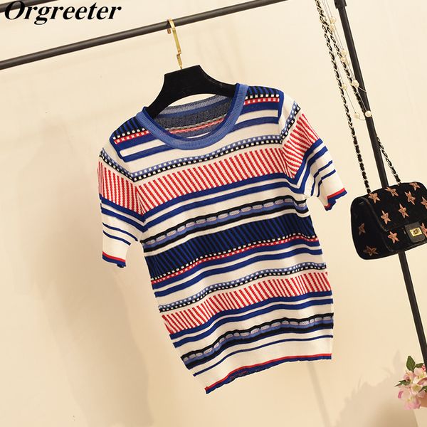 summer short-sleeved triped knitted pullover femme women's o-neck loose kniwear thin sweater 210525, White;black
summer short-sleeved triped knitted pullover femme women's o-neck loose kniwear thin sweater 210525, White;black