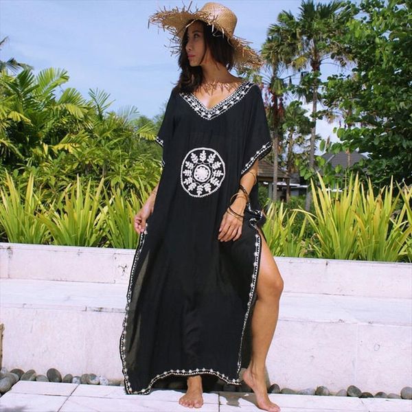 black oversize v neck moroccan womens dresses kaftan beach plus size women summer half sleeve side split midi q643, Black;gray