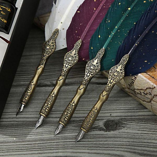 

fountain pens 39xd sprinkle gold luxury vintage feather quill dip calligraphy pen writing ink 5 nibs set stationery gift box