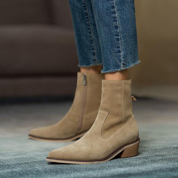 women ankle boots natural leather 22-25cm cow suede upper with velvet lining british classic side zip skinny boots, Black
women ankle boots natural leather 22-25cm cow suede upper with velvet lining british classic side zip skinny boots, Black