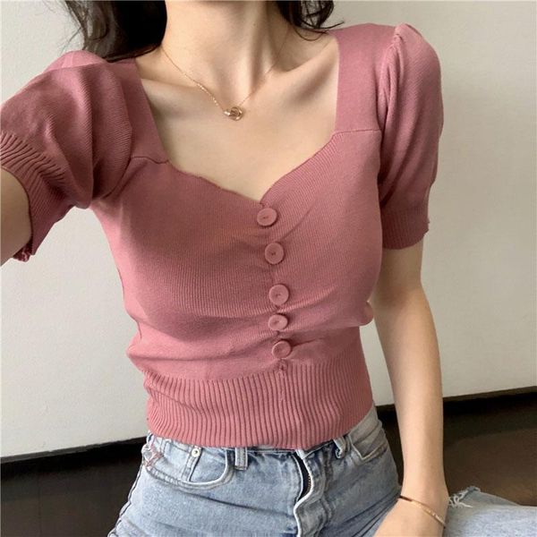 women's t-shirt ropa de mujer summer knitted vintage button tshirt women korean short seleeve v-neck crop clthoes 2021, White
women's t-shirt ropa de mujer summer knitted vintage button tshirt women korean short seleeve v-neck crop clthoes 2021, White