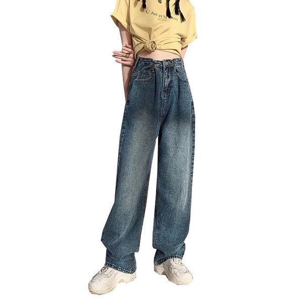 women's jeans button high waist a denim pleated long, Blue 
women's jeans button high waist a denim pleated long, Blue