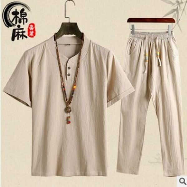 men's tracksuits men clothing 2021 short-sleeved t-shirt v-neck chinese style cotton linen loose large size casual suit, Gray 
men's tracksuits men clothing 2021 short-sleeved t-shirt v-neck chinese style cotton linen loose large size casual suit, Gray