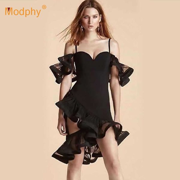 black women's bandage dress sleeveless ruffle bodycon club celebrity evening party spaghetti vestidos fashion 210527, Black;gray 
black women's bandage dress sleeveless ruffle bodycon club celebrity evening party spaghetti vestidos fashion 210527, Black;gray