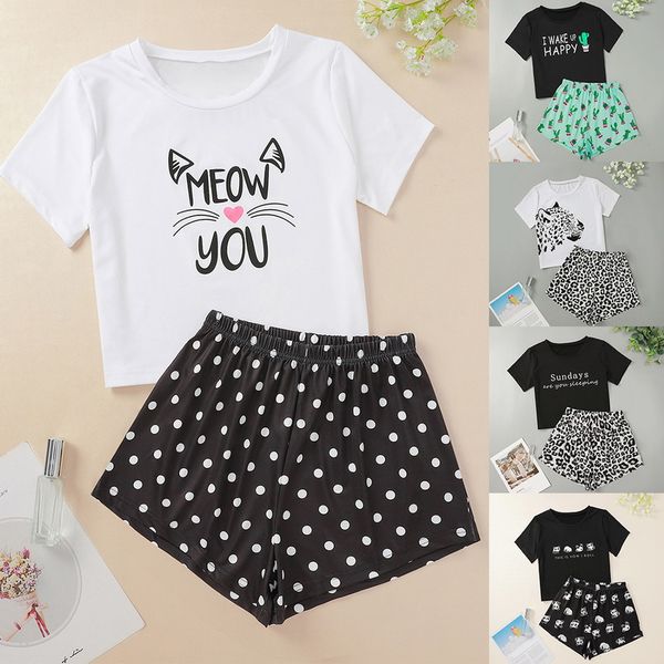 ladies fashion summer printed short sleeve elastic waist shorts home pajamas set 2 pieces t-shirt + shorts, White
ladies fashion summer printed short sleeve elastic waist shorts home pajamas set 2 pieces t-shirt + shorts, White