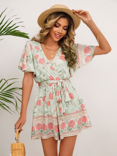 surplice front allover floral belted romper a1tq#, White