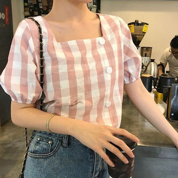 women's blouses & shirts simple loose square collar short sleeve plaid print buttons basic blouse, White
women's blouses & shirts simple loose square collar short sleeve plaid print buttons basic blouse, White