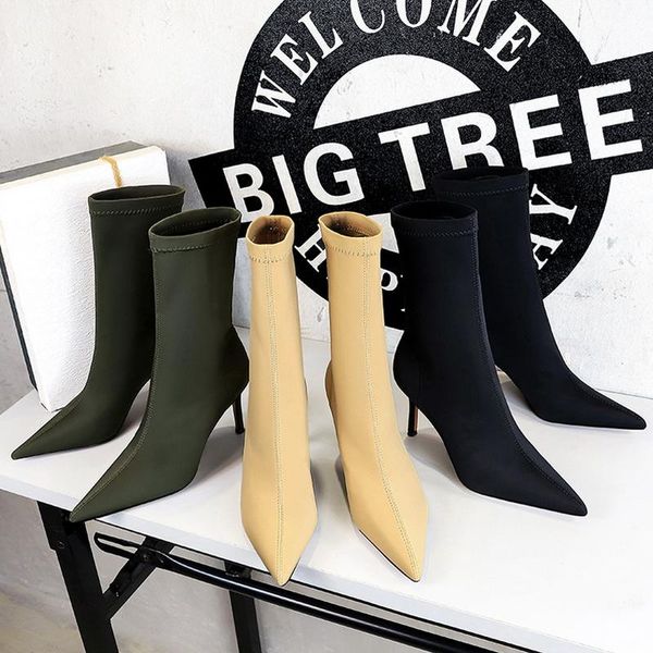 boots bigtree shoes 2022 stretch autumn pointed toe high-heel stiletto ankle 3 colour female short, Black