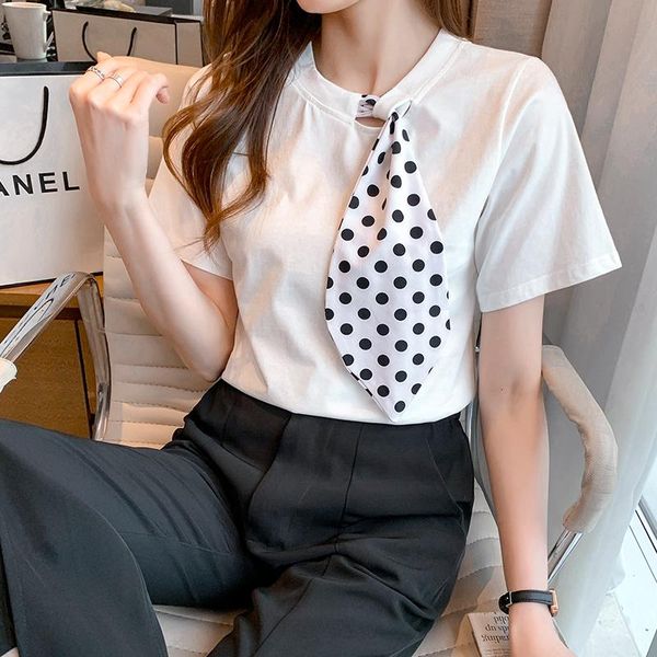 women's blouses & shirts women polka dot scarf bow tie blouse shirt 2021 summer short sleeve office korean style loose top, White 
women's blouses & shirts women polka dot scarf bow tie blouse shirt 2021 summer short sleeve office korean style loose top, White