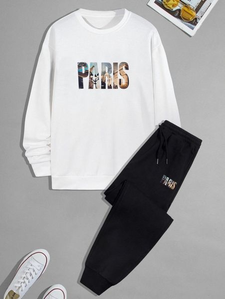 men letter and eiffel tower print pullover & drawstring waist sweatpants i4oq#, Gray 
men letter and eiffel tower print pullover & drawstring waist sweatpants i4oq#, Gray