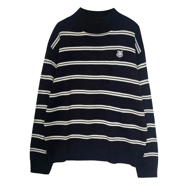 women's sweaters 2021 autumn sweater female retro color matching striped loose long sleeve harajuku embroidery tiger #148, White;black 
women's sweaters 2021 autumn sweater female retro color matching striped loose long sleeve harajuku embroidery tiger #148, White;black