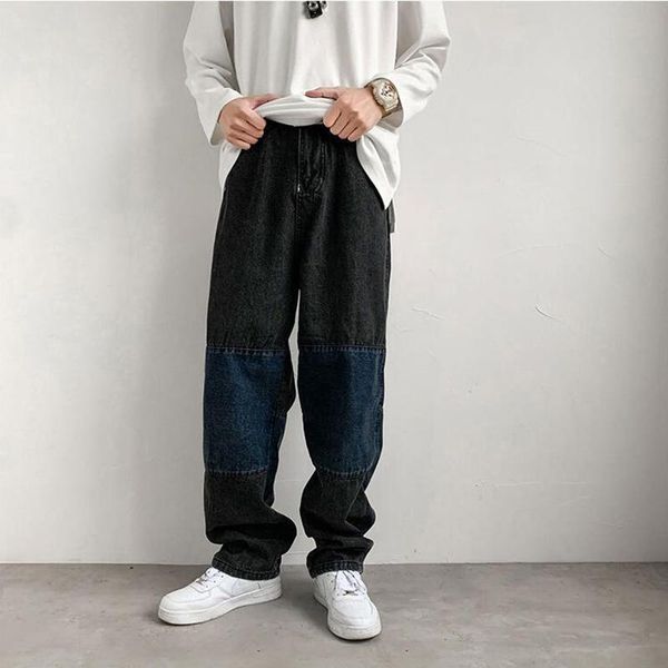 men's jeans style personality stitching trendy brand wide-leg spring trousers korean version of the trend loose, Blue 
men's jeans style personality stitching trendy brand wide-leg spring trousers korean version of the trend loose, Blue