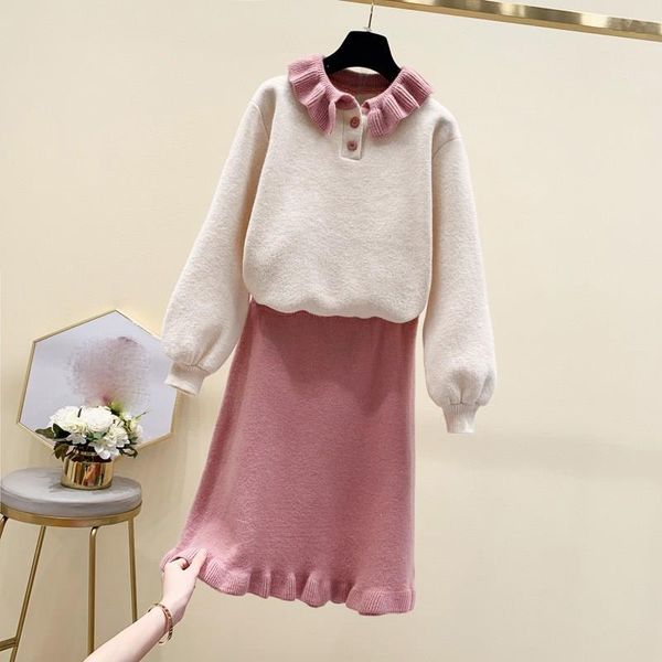 two piece dress winter sweet knitted pullover and ruffles midi skirts sweater set suits o-neck knitting women sets, White 
two piece dress winter sweet knitted pullover and ruffles midi skirts sweater set suits o-neck knitting women sets, White