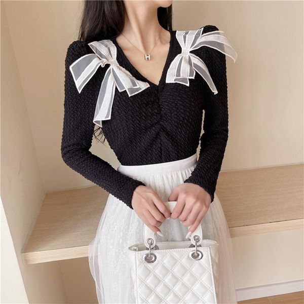 women's t-shirt spring and autumn bottoming shirt women puff sleeve v-neck chic bow vintage t ladies, White
women's t-shirt spring and autumn bottoming shirt women puff sleeve v-neck chic bow vintage t ladies, White