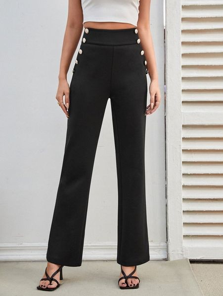 high waist button front flare leg pants h6o0#, Black;white 
high waist button front flare leg pants h6o0#, Black;white