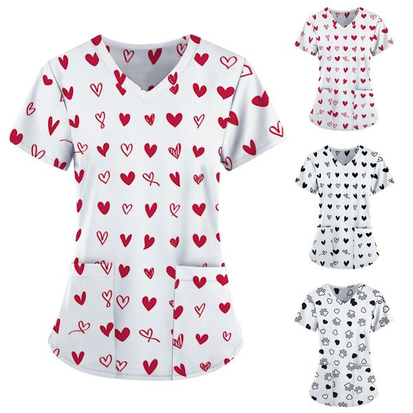 2021 uniform of nurse women beautiful love shirt print pocket decorate on v-shirt short slender bluse x732, White;black
2021 uniform of nurse women beautiful love shirt print pocket decorate on v-shirt short slender bluse x732, White;black