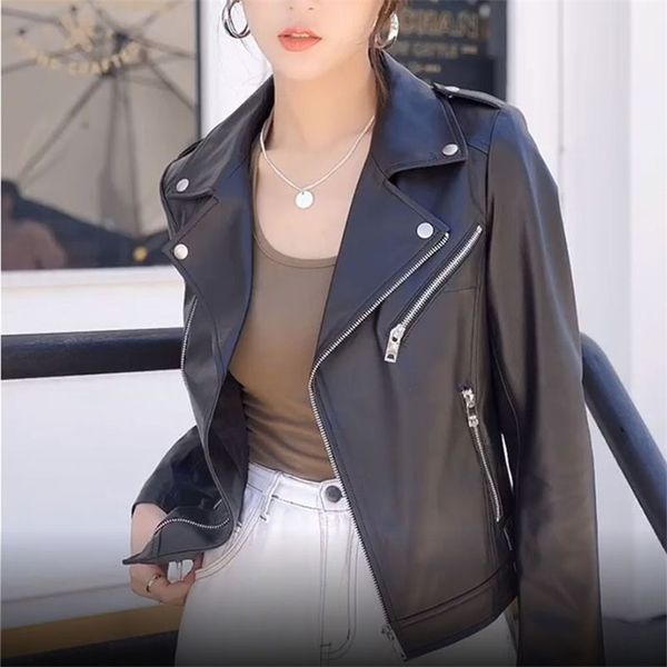 black motor biker women's spring jacket genuine leather coat zipper basic sheepskin female outerwear 211215
black motor biker women's spring jacket genuine leather coat zipper basic sheepskin female outerwear 211215
