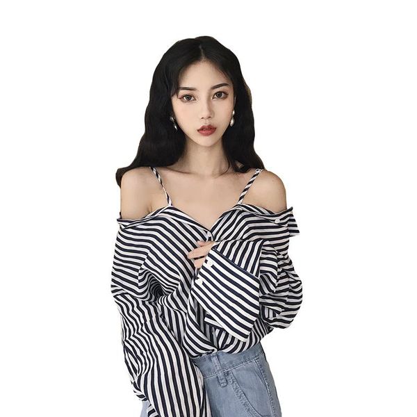 women's blouses & shirts korean clothing autumn striped slash neck spaghetti strap two ways of wearing full single-breasted blouse, White
women's blouses & shirts korean clothing autumn striped slash neck spaghetti strap two ways of wearing full single-breasted blouse, White