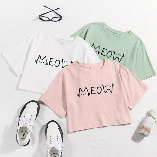 women's t-shirt summer women crop cotton 100% short sleeve cat letter print fashion casual open navel clothes ladies round collar tees, White
women's t-shirt summer women crop cotton 100% short sleeve cat letter print fashion casual open navel clothes ladies round collar tees, White