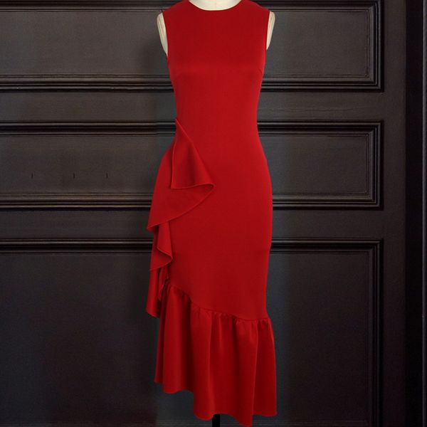 red party dress sleeveless long ruffle trim women occasion satin dresses event date out celebrate evening dress vestidos female, Black;red
red party dress sleeveless long ruffle trim women occasion satin dresses event date out celebrate evening dress vestidos female, Black;red