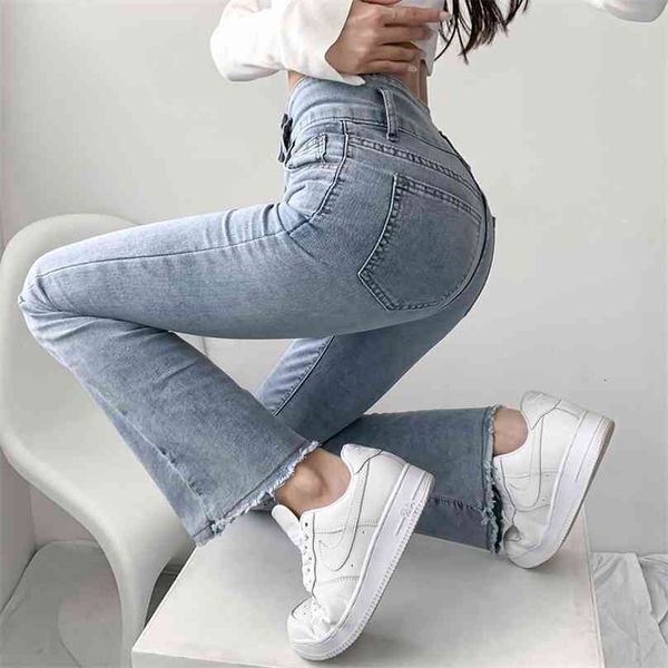 jeans women solid blue slimhigh waist jean simple ladies full length mom cowboy denim flared pants mujer autumn 210922