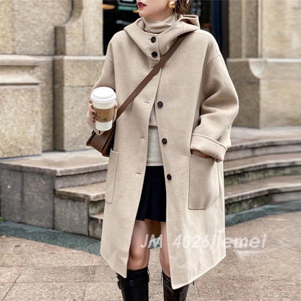 women's wool & blends elegant long coat beige hooded sleeve chic outerwear ladies double sided cashmere overcoat autumn winter 2021, Black
women's wool & blends elegant long coat beige hooded sleeve chic outerwear ladies double sided cashmere overcoat autumn winter 2021, Black