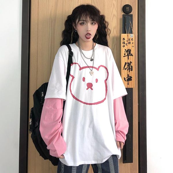 women's t-shirt spring korean of the bear print loose pink long-sleeved fake two-piece for women, White
women's t-shirt spring korean of the bear print loose pink long-sleeved fake two-piece for women, White