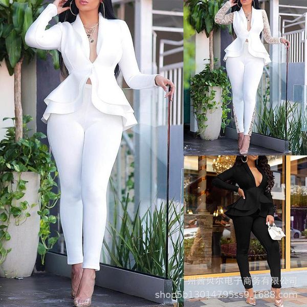 women's two piece pants sets women fashion suits autumn office casual sheath ruffles solid long sleeve v-neck female mujer de moda, White
women's two piece pants sets women fashion suits autumn office casual sheath ruffles solid long sleeve v-neck female mujer de moda, White