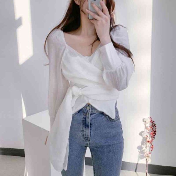 Chic Elegant Shirt Woman Spring Korean Elegant Pleated Cross V-neck Tie Design Waist Versatile Short Blouse, White
Chic Elegant Shirt Woman Spring Korean Elegant Pleated Cross V-neck Tie Design Waist Versatile Short Blouse, White
