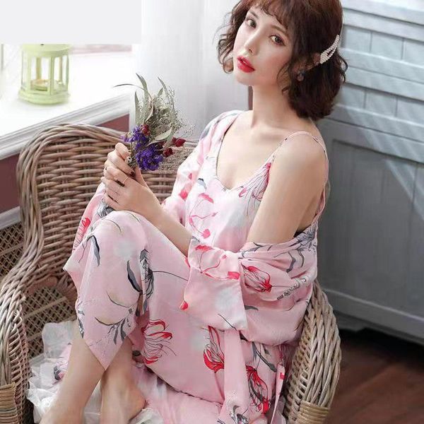women's sleepwear kimono milk silk fancy print party leisure women kawaii pajamas 3 pieces sling+pants+robe sets soft home suit, Black;red
women's sleepwear kimono milk silk fancy print party leisure women kawaii pajamas 3 pieces sling+pants+robe sets soft home suit, Black;red