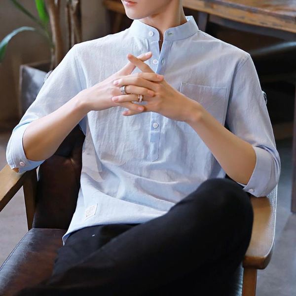 men's casual shirts minimalist loose stand collar for men three-quarter sleeve cotton linen solid male 2021 spring summer blouses, White;black
men's casual shirts minimalist loose stand collar for men three-quarter sleeve cotton linen solid male 2021 spring summer blouses, White;black