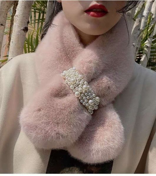 hairy collar scarf new pearl neckband in winter, Blue;black