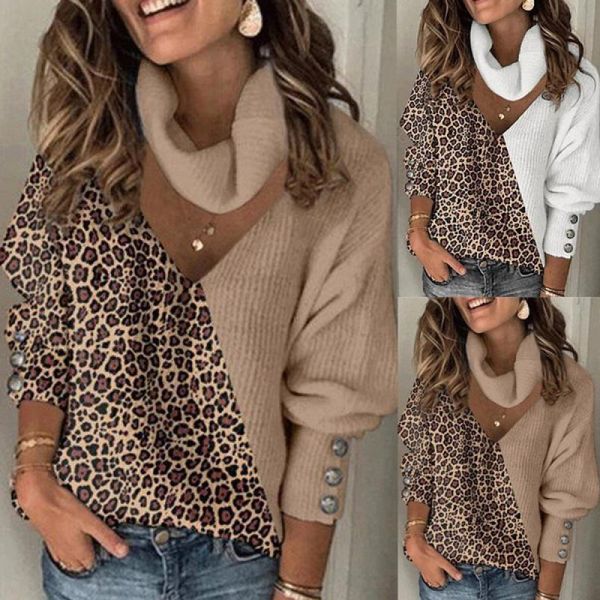 women's sweaters fashion women knitted leopard patchwork turtleneck pullover spring autumn button long lantern sleeve loose sweater, White;black
women's sweaters fashion women knitted leopard patchwork turtleneck pullover spring autumn button long lantern sleeve loose sweater, White;black