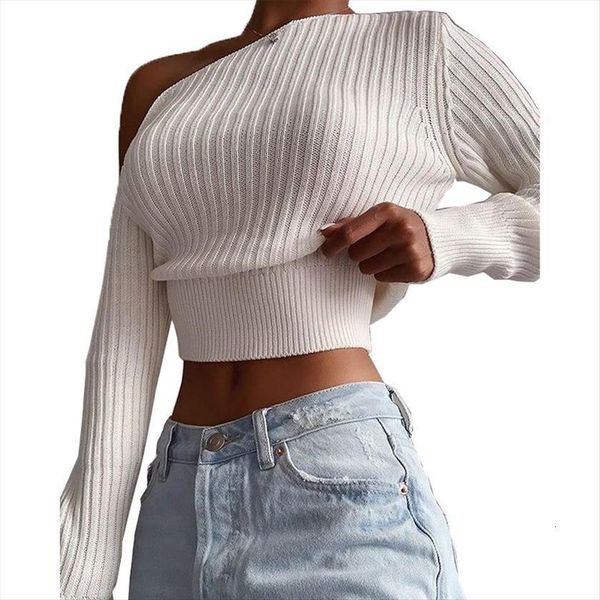 one shoulder white winter women sweaters long sleeve short korean style skew neck pulovers female knitted crop sj7417x, White;black 
one shoulder white winter women sweaters long sleeve short korean style skew neck pulovers female knitted crop sj7417x, White;black