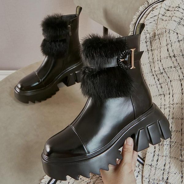boots winter high platfrom buckle strap warm women ankle handmade genuine leather round toe thick sole zip women's shoes, Black
boots winter high platfrom buckle strap warm women ankle handmade genuine leather round toe thick sole zip women's shoes, Black