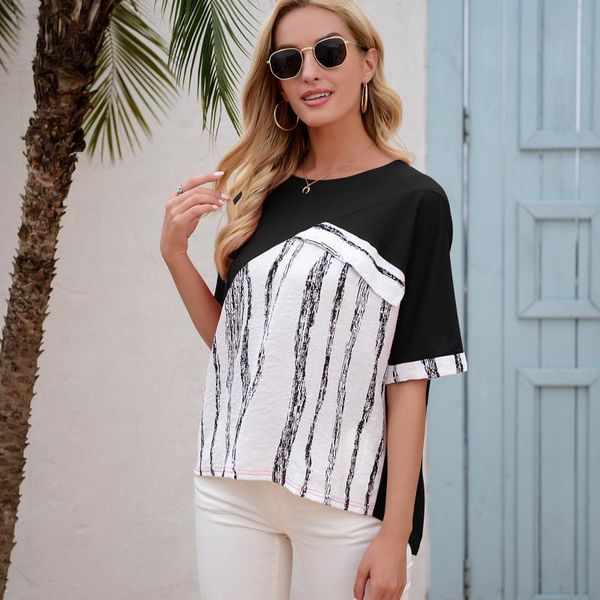 women's t-shirt donsignet fashion casual round neck pullover ink stitching striped loose large size middle-sleeved, White
women's t-shirt donsignet fashion casual round neck pullover ink stitching striped loose large size middle-sleeved, White