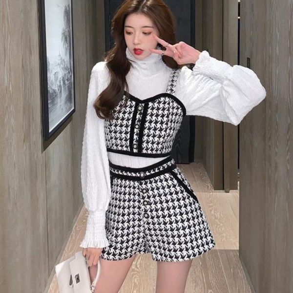women's tracksuits autumn vintage houndstooth 3 piece set women turtleneck shirt blouse + vest crop shorts suits korean sweet pant, Gray
women's tracksuits autumn vintage houndstooth 3 piece set women turtleneck shirt blouse + vest crop shorts suits korean sweet pant, Gray