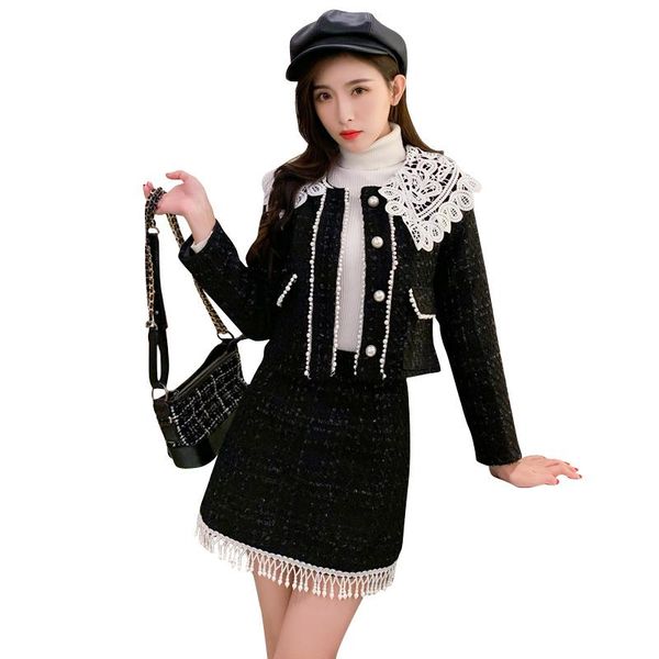 two piece dress women 2 tweed set autumn winter fashion pearls single breasted jacket coat + tassel short skirt suits, White
two piece dress women 2 tweed set autumn winter fashion pearls single breasted jacket coat + tassel short skirt suits, White