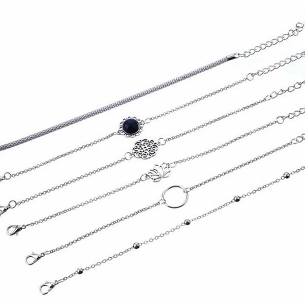 link, chain bohemian ethnic lotus leaf round stone flower bead charm bracelet six piece set, Black
link, chain bohemian ethnic lotus leaf round stone flower bead charm bracelet six piece set, Black