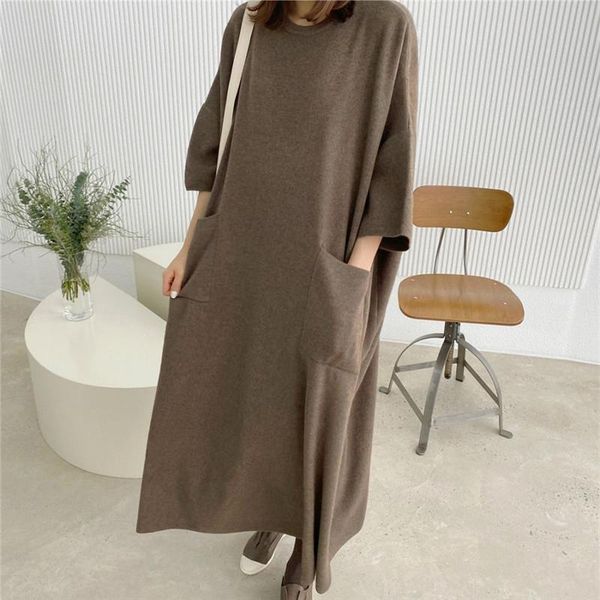 casual dresses superaen autumn winter pullover big pocket long solid loose plus size straight ankle-length o neck for women, Black;gray