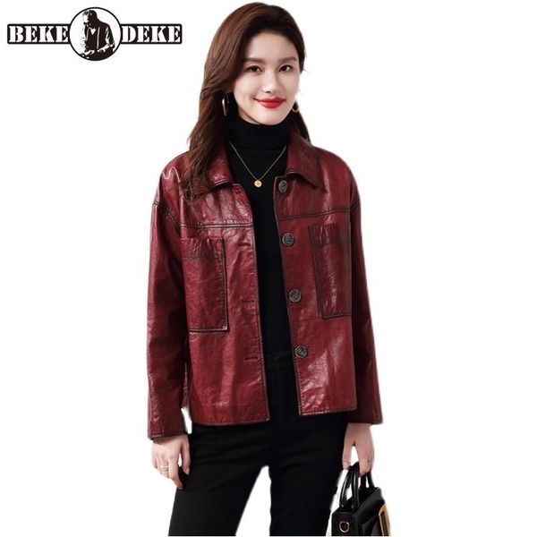 women's leather & faux korean style vintage womens genuine jackets office lady turn-down collar single breasted short loose coat 2021, Black
women's leather & faux korean style vintage womens genuine jackets office lady turn-down collar single breasted short loose coat 2021, Black
