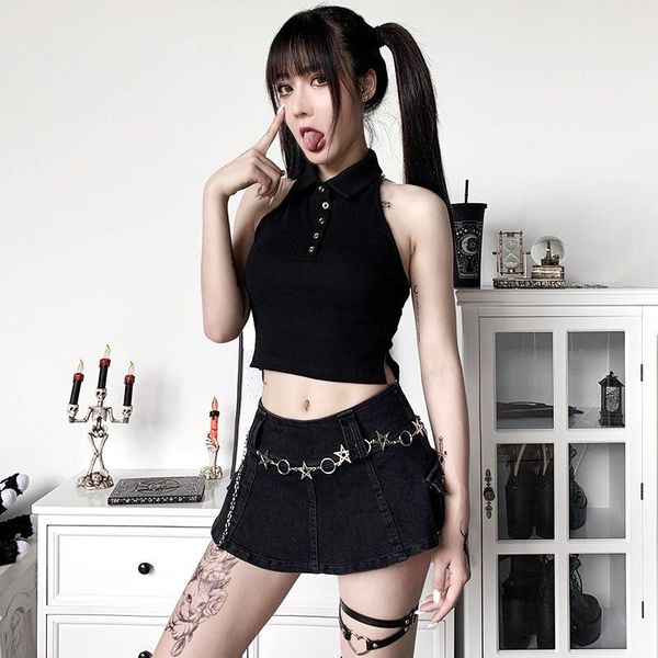 women's t-shirt lady basic goth button sleevless halter tshirts solid black women short-length neck t shirt 2021 summer hipster to, White
women's t-shirt lady basic goth button sleevless halter tshirts solid black women short-length neck t shirt 2021 summer hipster to, White
