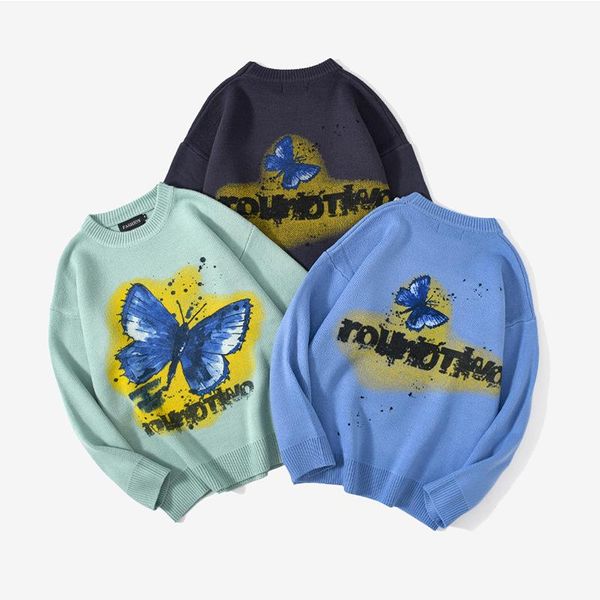 men's sweaters 2021hip hop knitwear korean version mens harajuku fashion butterfly male loose casual streetwear pullover, White;black 
men's sweaters 2021hip hop knitwear korean version mens harajuku fashion butterfly male loose casual streetwear pullover, White;black