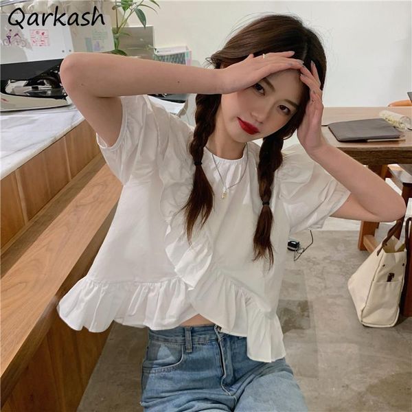 women's blouses & shirts women designer ruffles lovely girls irregular crop solid short sleeve korean style hipster soft teenagers all-, White
women's blouses & shirts women designer ruffles lovely girls irregular crop solid short sleeve korean style hipster soft teenagers all-, White