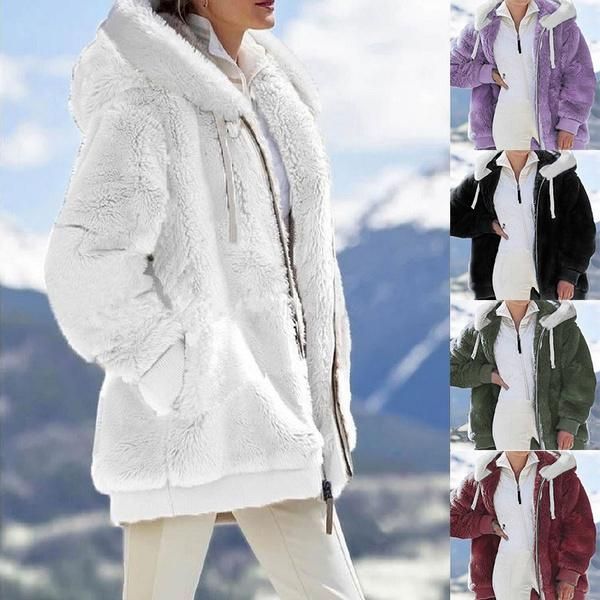 women's wool & blends winter solid color warm plush coat loose zipper hooded, Black
women's wool & blends winter solid color warm plush coat loose zipper hooded, Black
